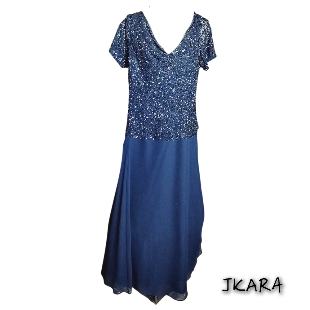 JKARA New York Blue Sequin Maxi Dress Draped Cowl Neck |  Formal Evening | Sz 8 - Picture 2 of 7